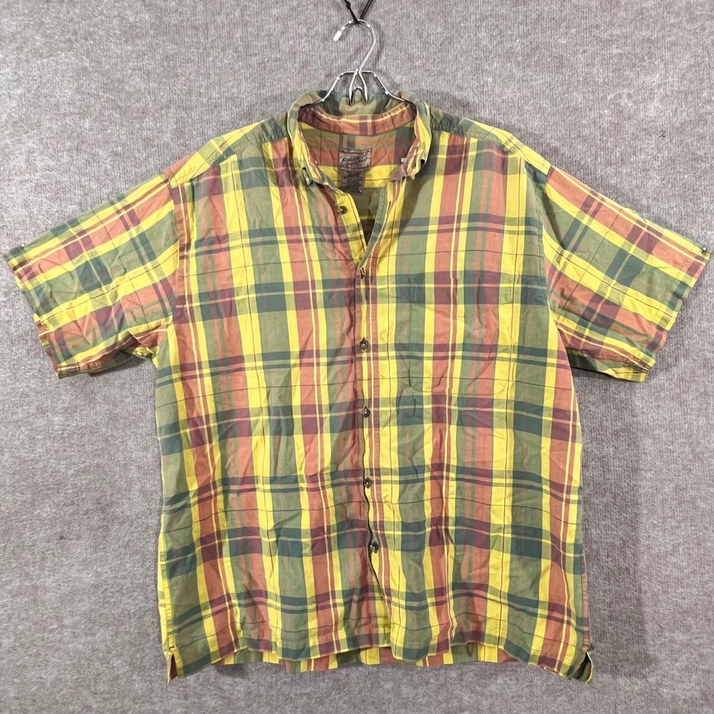 Catalina Island Wear Button Down Shirt Men Large Plaid Yellow Cotton Beachy Boho